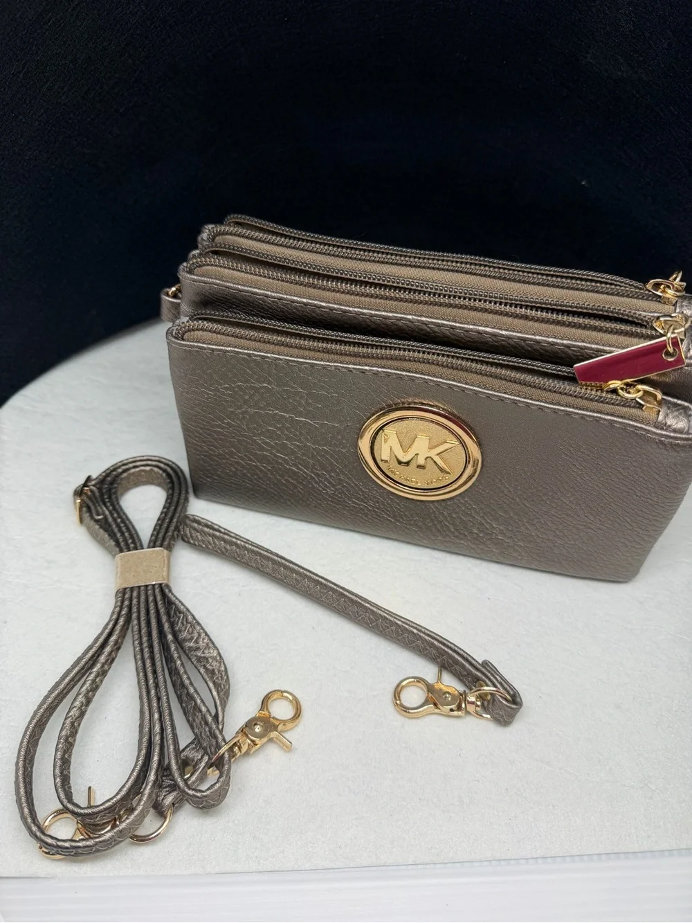 Michael Kors Fulton Triple Zip Leather Wristlet Crossbody Bag – Pewter Metallic